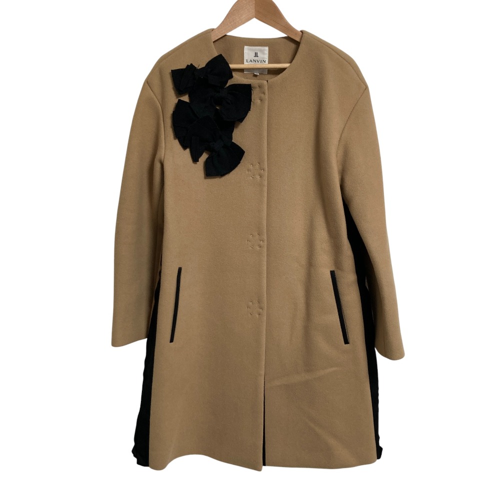 【中古】美品 LANVIN en Bleu ランバンオンブルー リボンノーカラーコート サイズ36 キャメル レディース Luxs ブランド古着のリュクス