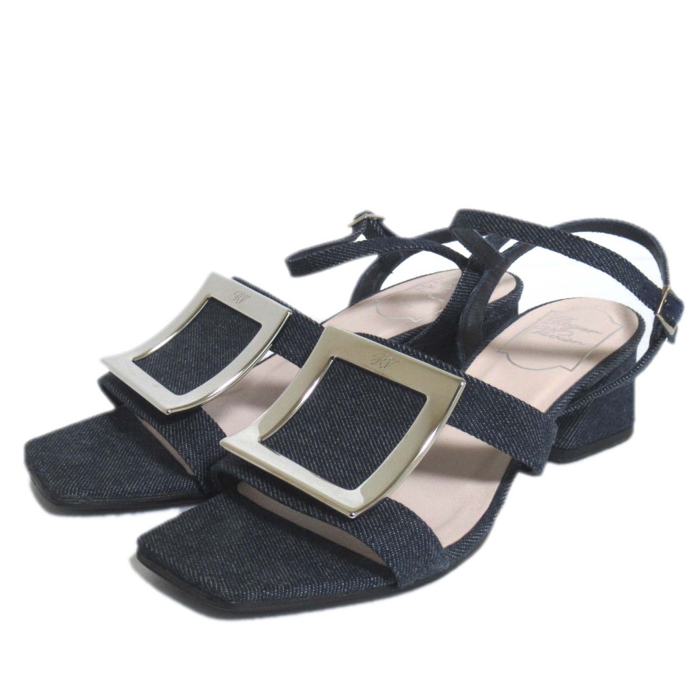 【中古】美品 Roger Vivier ロジェヴィヴィエ BIKIVIV SANDAL デニム アンクルストラップ サンダル 36.5 23.5cm インディゴブルー レディース Luxs ブランド古着のリュクス