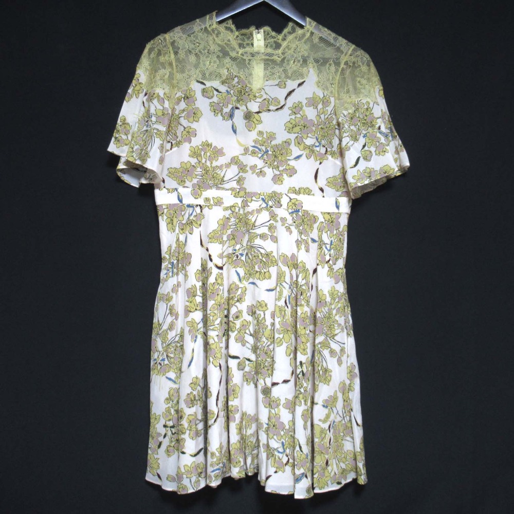 【中古】美品 VALENTINO ヴァレンティノ フラワープリント レース切り替え 半袖 シルク ワンピース サイズ40 アイボリー×イエロー系 レディース Luxs ブランド古着のリュクス 15,503円