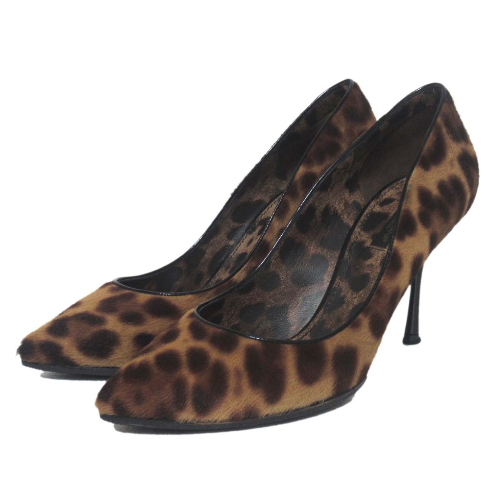 【中古】美品 DOLCE&GABBANA ドルチェ&ガッバーナ レオパード柄ハラコ ポインテッドトゥ パンプス サイズ37.5 約24cm ブラウン レディース Luxs ブランド古着のリュクス
