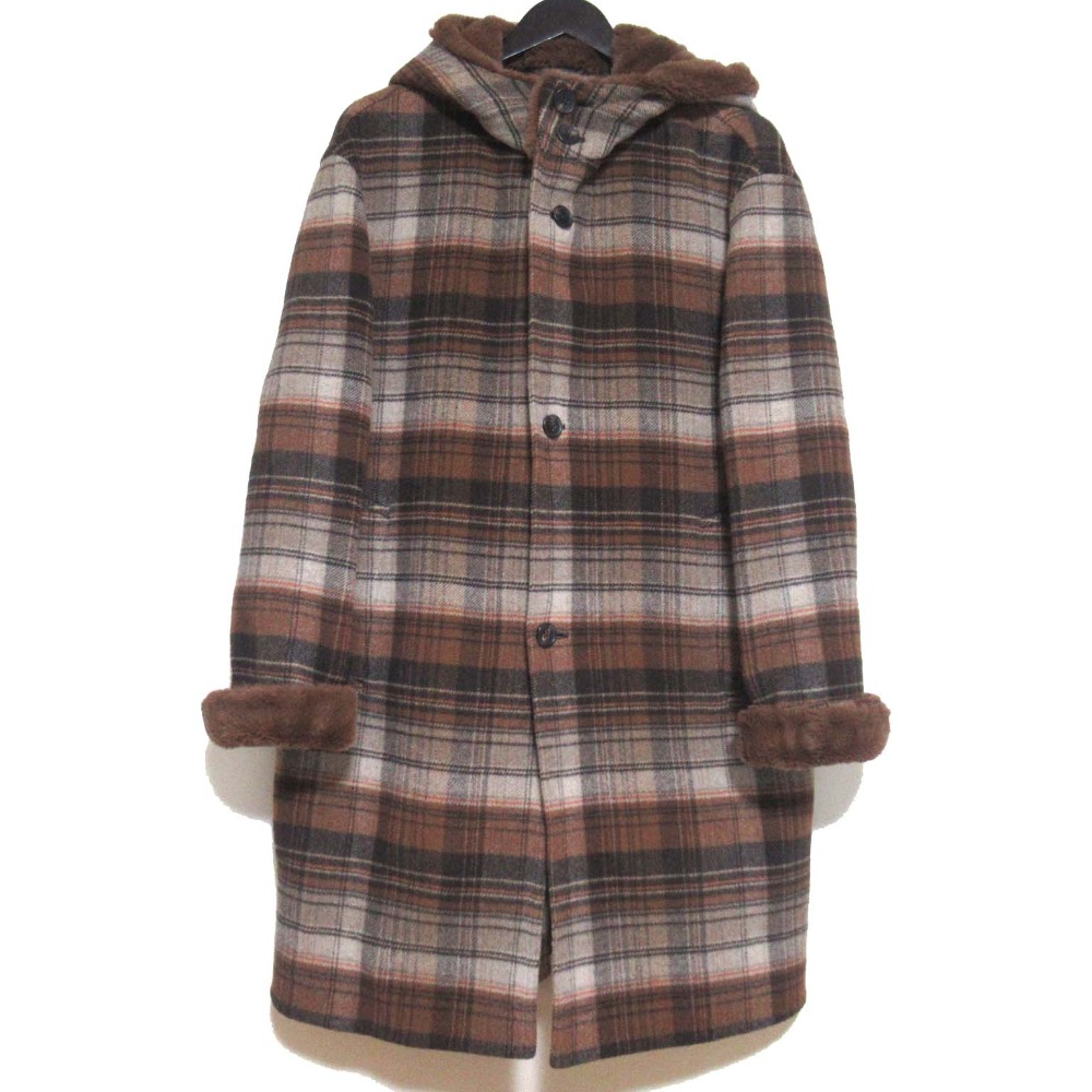 【中古】美品 23AW LANVIN COLLECTION ランバンコレクション PARIS DUFFEL 03 チェック柄 ダブルフェイス フーデッドコート 50 ブラウン系 メンズ Luxs ブランド古着のリュクス