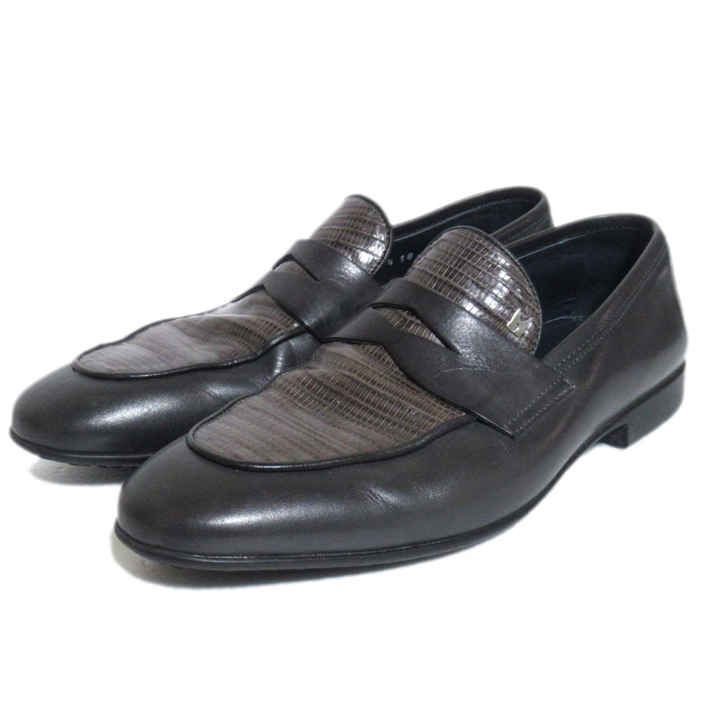 【中古】美品 MORESCHI モレスキー レザー コインローファー サイズ5.5 23.5cm相当 チャコールグレー メンズ Luxs ブランド古着のリュクス