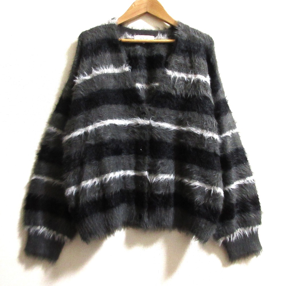 【中古】美品 23AW Boutique Ordinary ブティックオーディナリー ランダムボーダー シャギーニットカーディガン サイズF グレー ブラック レディース Luxs ブランド古着のリュクス
