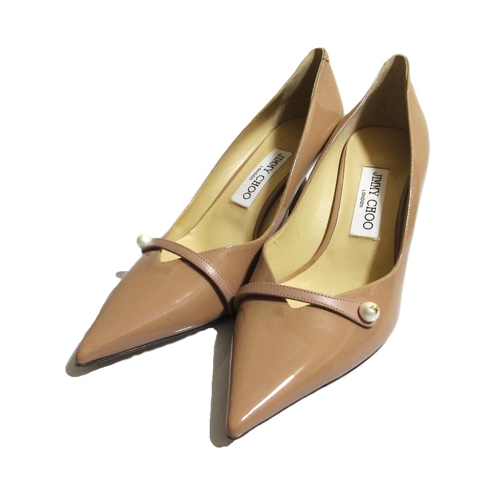 【中古】新品同様 JIMMY CHOO ジミーチュウ ROSALIA 65 ロザリア パール パテントレザー パンプス サイズ38 約25.0cm ピンクベージュ レディース Luxs ブランド古着のリュクス