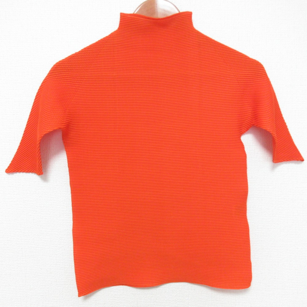 【中古】美品 ISSEY MIYAKE イッセイミヤケ プリーツ（T.）スクエアプリーツ ハイネックTシャツ IM94FT024 サイズM オレンジ レディース Luxs ブランド古着のリュクス