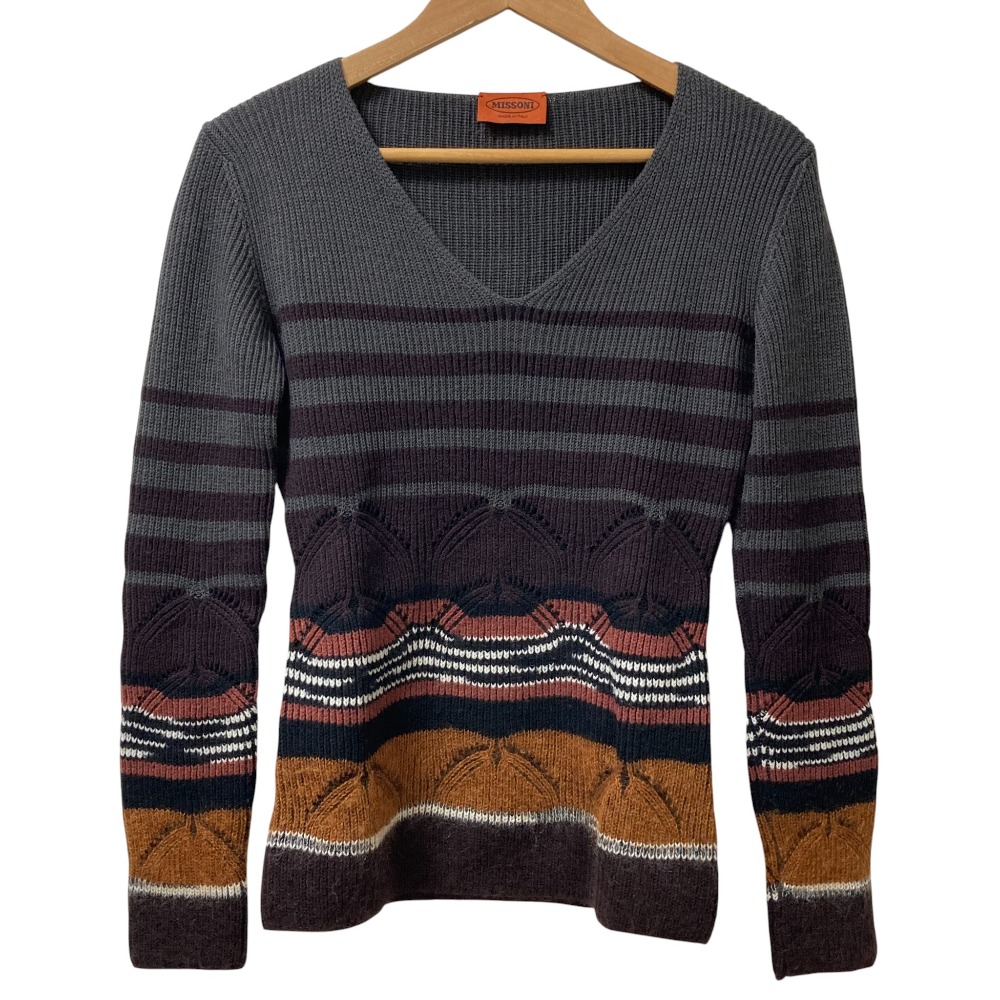 【中古】美品 MISSONI ミッソーニ ウール Vネック ボーダー 柄編みニットセーター サイズ40 グレー レディース Luxs ブランド古着のリュクス