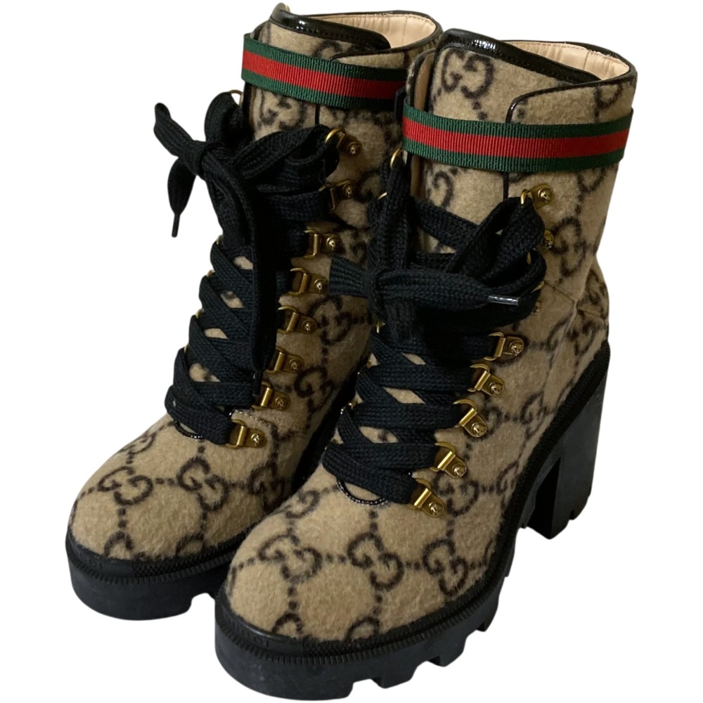 【中古】美品 GUCCI グッチ GG柄 シェリーライン ウール アンクルブーツ 583349 サイズ38 25cm相当 ベージュ ブラック レディース Luxs ブランド古着のリュクス