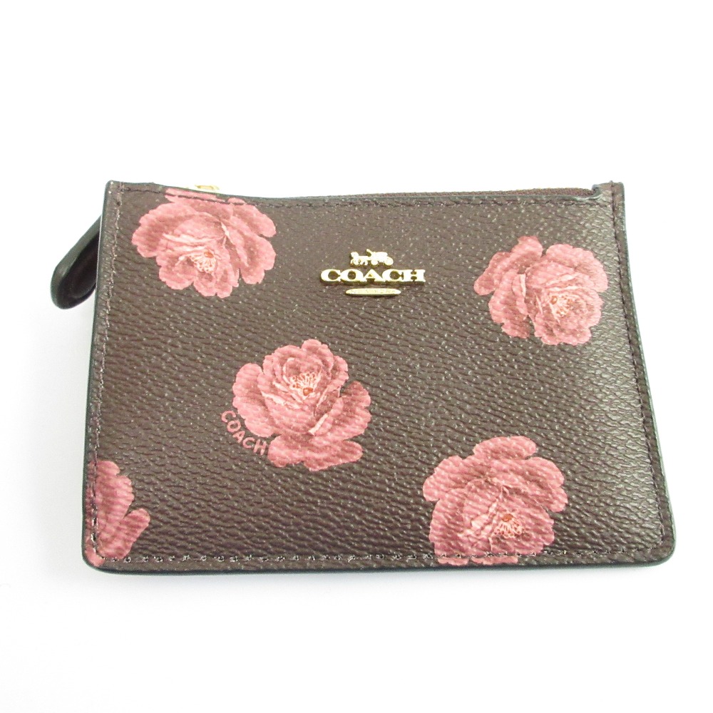 【中古】美品 COACH コーチ フラワープリント キーリング付き カードコインケース ブラウン レディース Luxs ブランド古着のリュクス