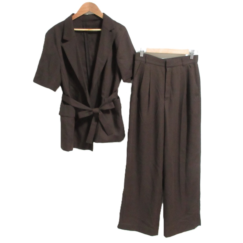 【中古】良品 25AW ANAYI アナイ リネンライクビエラ 半袖 ジャケット パンツ 2点セット セットアップ 38 36サイズ ブラウン レディース Luxs ブランド古着のリュクス