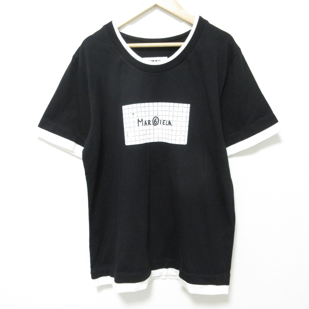 【中古】美品 MM6 Maison Margiela エムエムシックス メゾンマルジェラ ロゴプリント レイヤードTシャツ カットソー サイズS ブラック レディース Luxs ブランド古着のリュクス