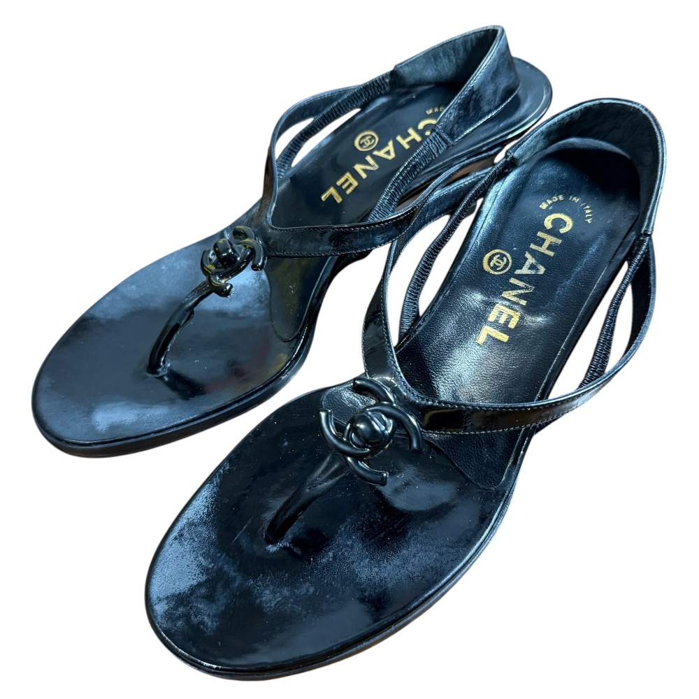 【中古】良品 CHANEL シャネル ヴィンテージ ターンロック スリングバック サンダル 37 24cm ブラック レディース Luxs ブランド古着のリュクス