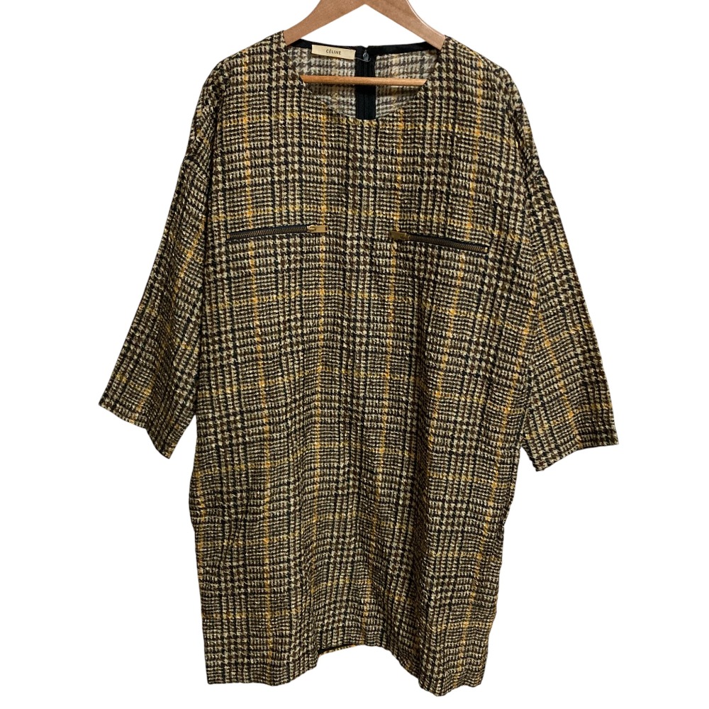 【中古】美品 CELINE セリーヌ フィービー期 チェック転写プリント シルクミニワンピース サイズ40 ブラウン ベージュ ブラック イエロー レディース Luxs ブランド古着のリュクス|Luxs(ブランド古着のリュクス)