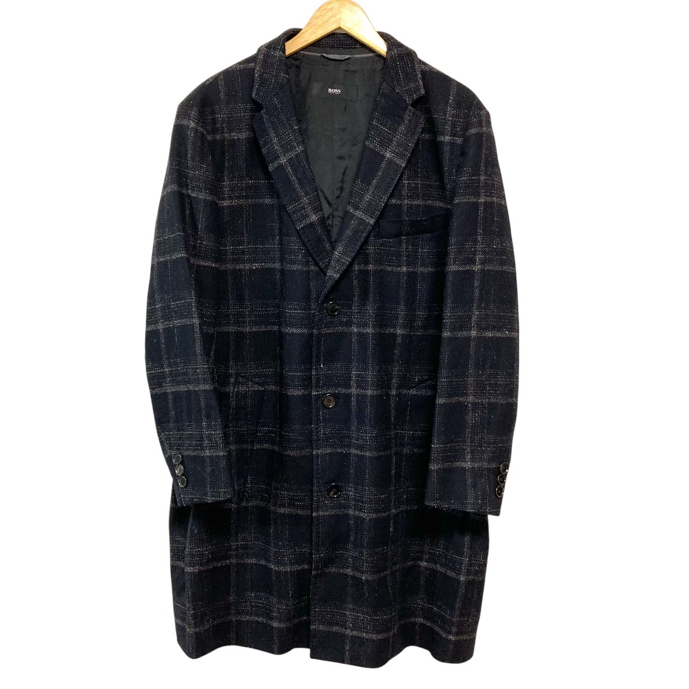 【中古】美品 HUGO BOSS ボス ヒューゴボス チェック チェスターコート サイズUK54 ブラック メンズ Luxs ブランド古着のリュクス