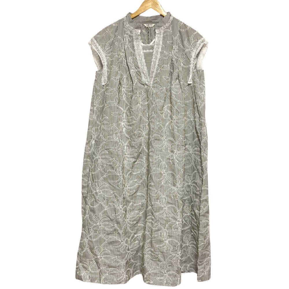 【中古】美品 INGEBORG インゲボルグ ストライプアイレットリボン刺繍ワンピース A2241FA422 ホワイト グレー レディース Luxs ブランド古着のリュクス