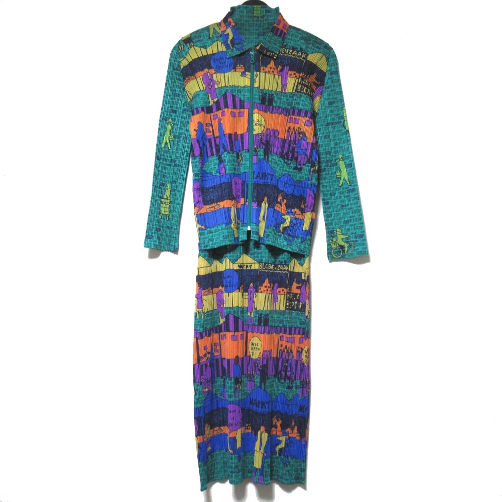 【中古】美品 PLEATS PLEASE ISSEY MIYAKE プリーツプリーズ イッセイミヤケ 石畳の街の風景 アンサンブルワンピース サイズ3 グリーン系 レディース Luxs ブランド古着のリュクス