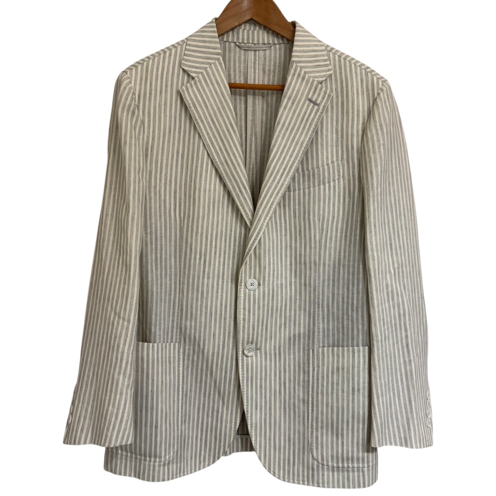 【中古】美品 Ermenegildo Zegna エルメネジルドゼニア ストライプ柄 リネン×カシミヤ 2B テーラードジャケット 7-50C グレー×ホワイト メンズ Luxs ブランド古着のリュクス