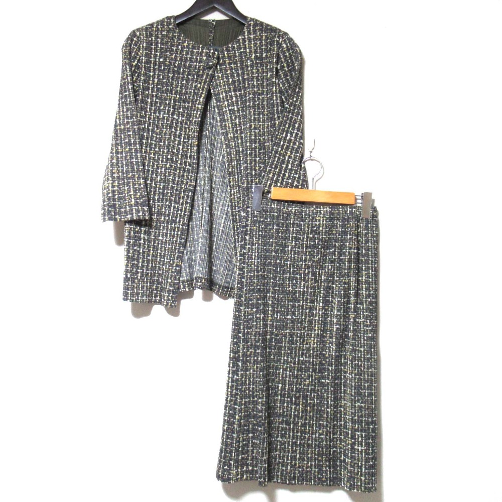 【中古】美品 PLEATS PLEASE プリーツプリーズ イッセイミヤケ 総柄 カーディガン+スカート セットアップ 3 ブラウン×イエロー系 レディース Luxs ブランド古着のリュクス