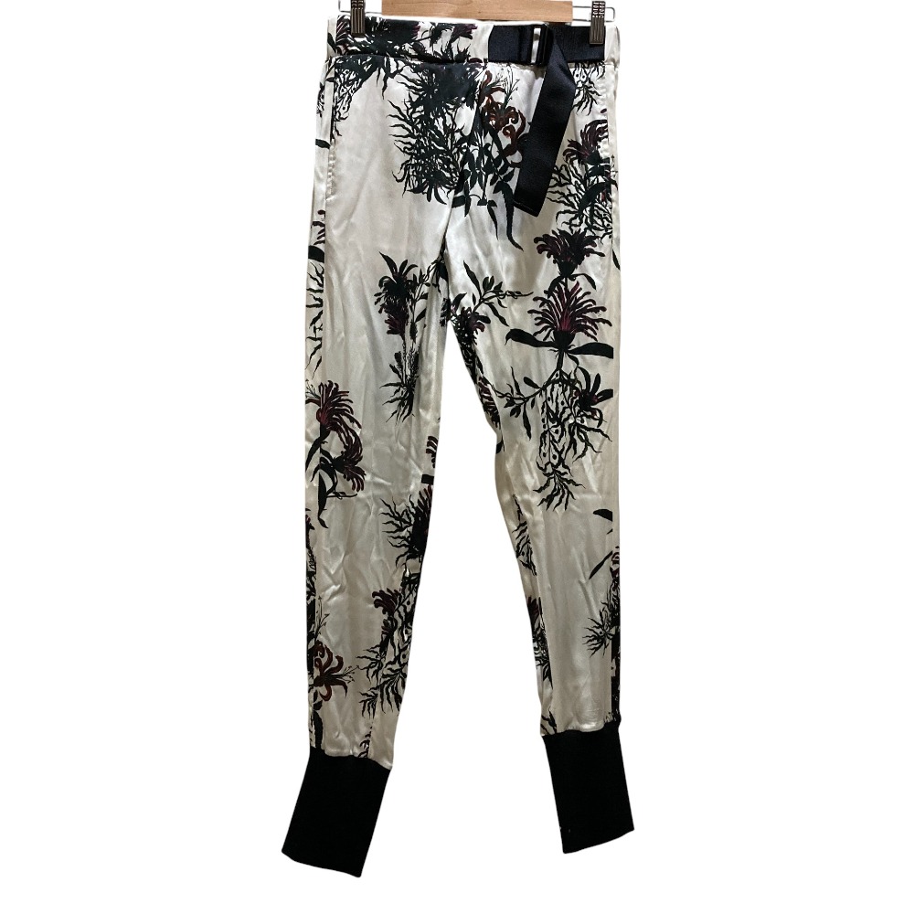 【中古】良品 Ann Demeulemeester アンドゥムルメステール 黒タグ 本人期 フラワープリント シルクサテンリブパンツ サイズ34 ホワイト レディース Luxs ブランド古着のリュクス