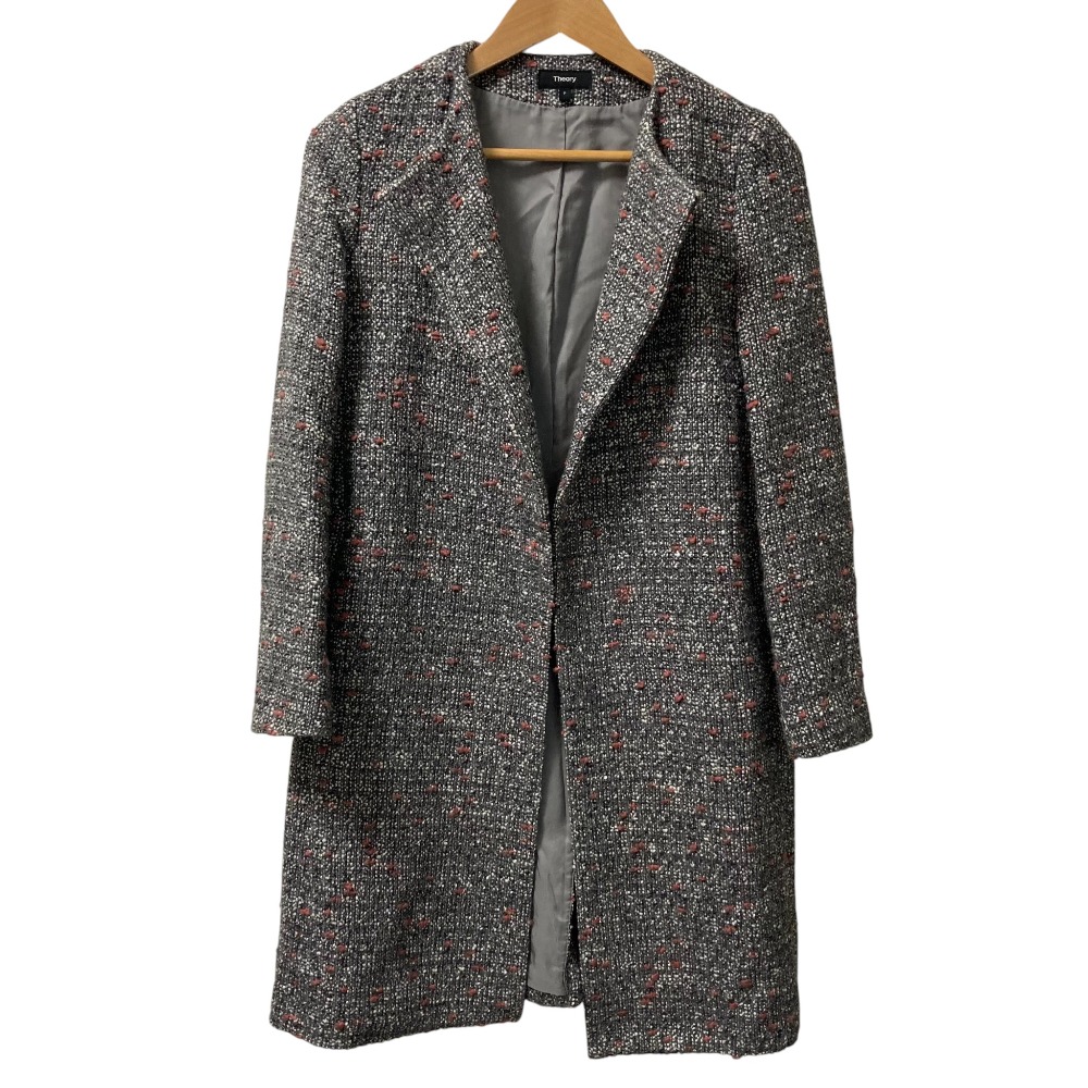 【中古】美品 theory セオリー LOOP TWEED CREWNECK COAT ツイードノーカラーコート サイズP グレー&times;レッド&times;ホワイト レディース Luxs ブランド古着のリュクス｜Luxs（ブランド古着のリュクス）
