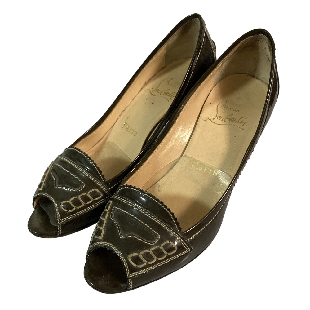 【中古】良品 Christian Louboutin クリスチャンルブタン エナメル オープントゥ パンプス サイズ36約22.5cm チャコールグレー レディース Luxs ブランド古着のリュクス