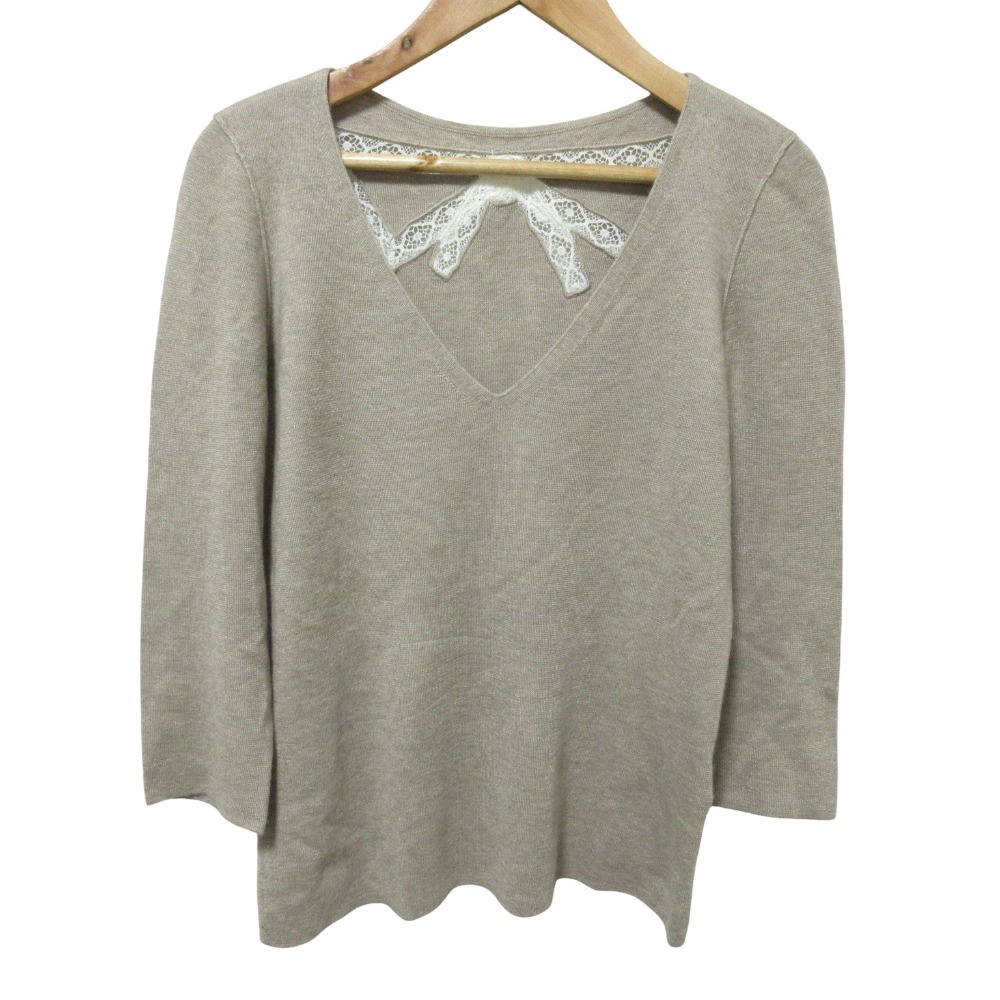 【中古】美品 FOXEY フォクシー カシミヤシルク Vネック バックレースリボンデザイン ニット セーター 38 グレージュ レディース Luxs ブランド古着のリュクス