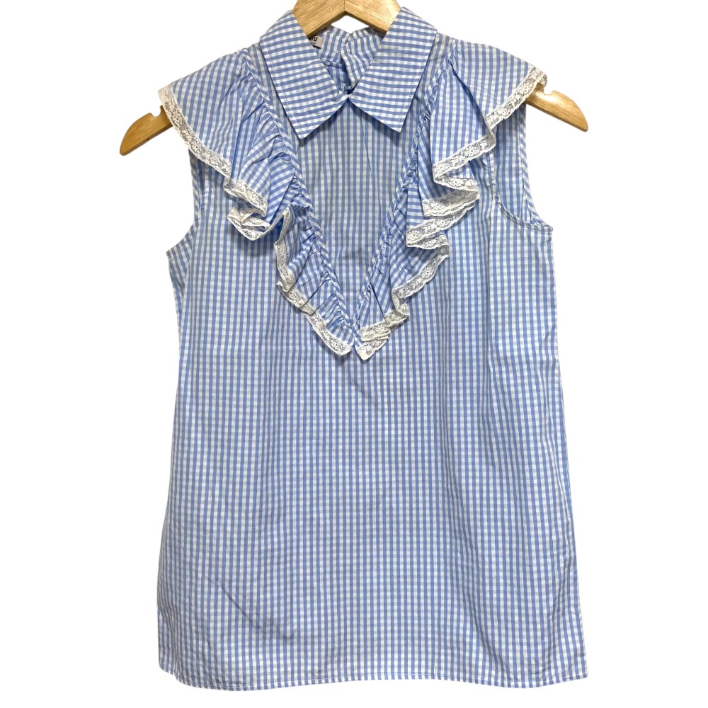 【中古】美品 MIU MIU ミュウミュウ ラッフル チェック ノースリーブ ブラウス サイズ36 ブルー レディース Luxs ブランド古着のリュクス
