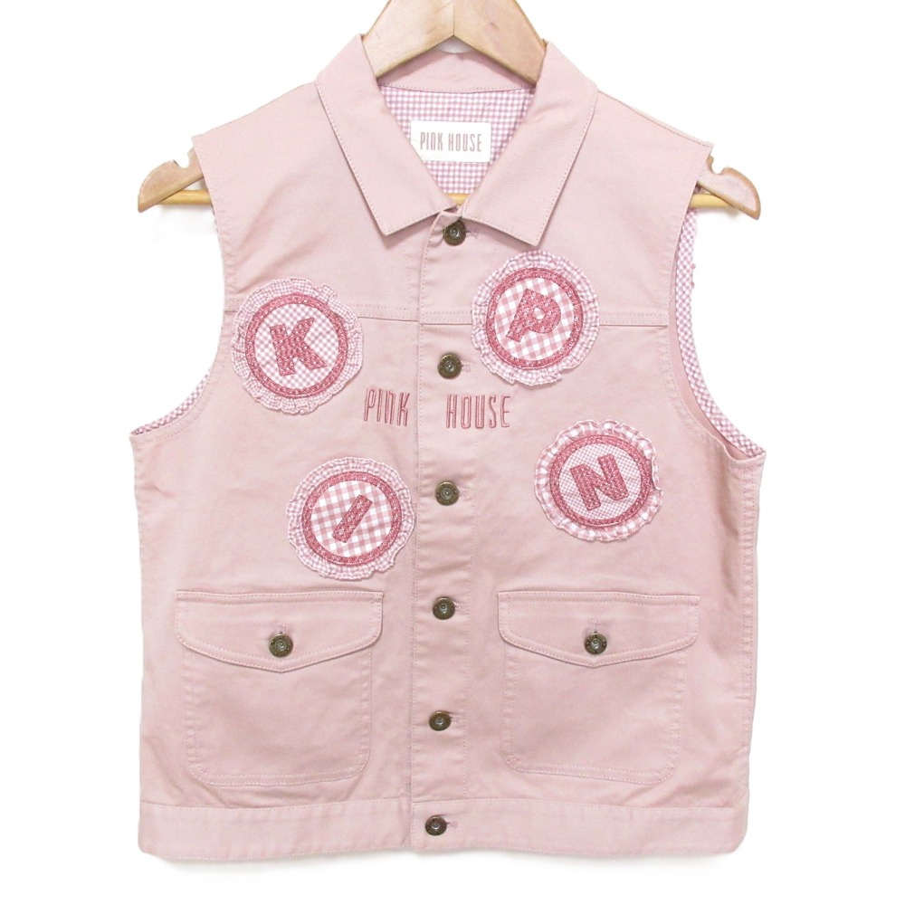 【中古】美品 PINK HOUSE ピンクハウス チャック柄ワッペン ベスト ジャケット M ピンク レディース Luxs ブランド古着のリュクス