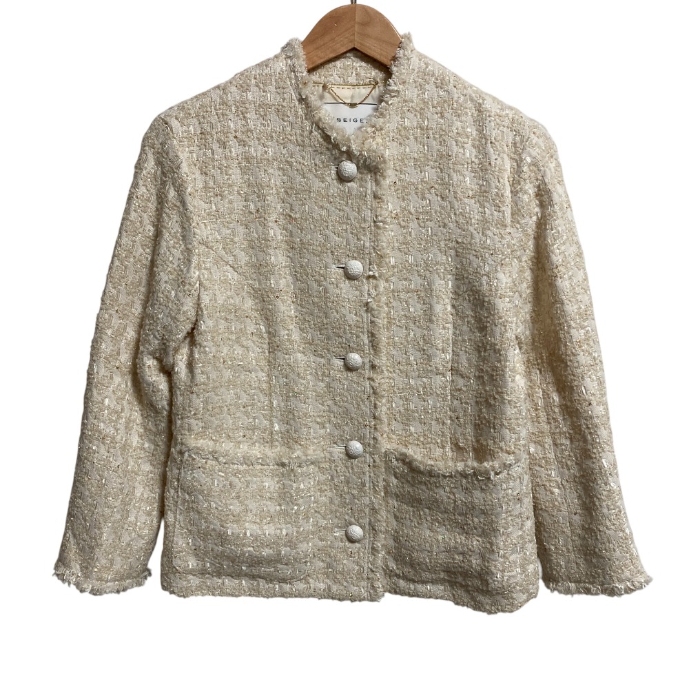 【中古】美品 23AW BEIGE ベイジ MONGE スパンコール ツイード ノーカラージャケット JKCXSW0303 サイズ32 ベージュ レディース Luxs ブランド古着のリュクス｜Luxs（ブランド古着のリュクス）