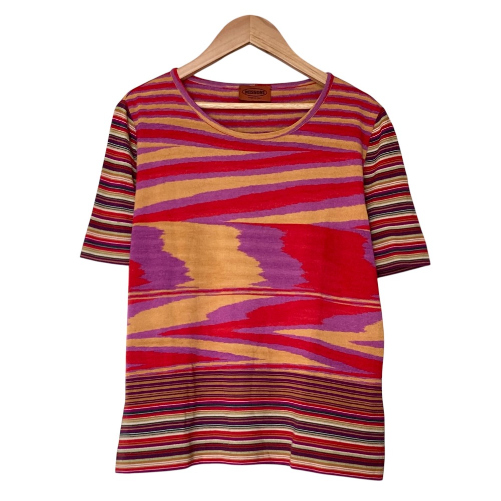 【中古】美品 MISSONI ミッソーニ ボーダー ショートスリーブ ウール ニット レッド パープル ベージュ レディース Luxs ブランド古着のリュクス