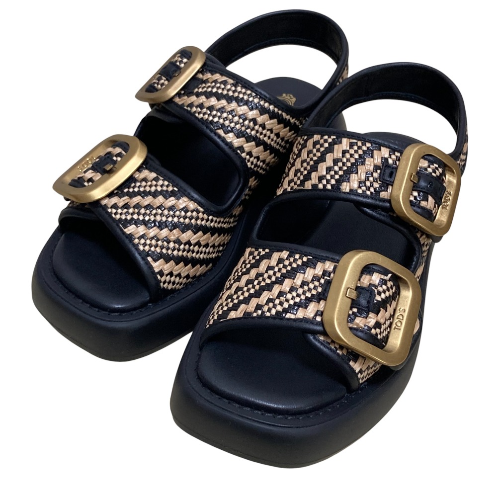 【中古】新品同様 24SS TOD'S トッズ イタリアンガーデン ケイト モチーフ ダブルバックル サンダル サイズ34 1/2 約21.5cm ブラック×べージュ レディース Luxs ブランド古着のリュクス