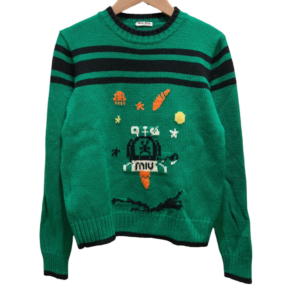 【中古】美品 miumiu ミュウミュウ ジャガード ウールニットセーター size36 グリーン レディース Luxs ブランド古着のリュクス
