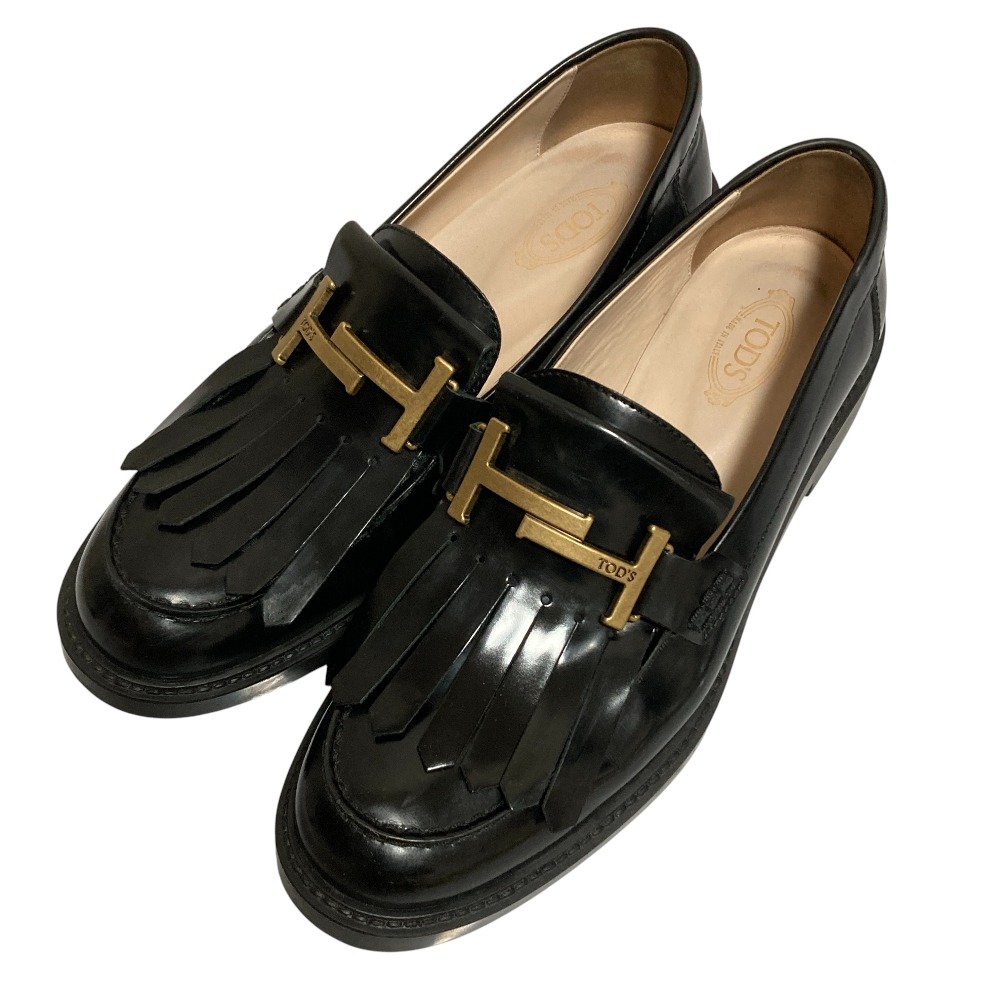 【中古】美品 TOD'S トッズ ダブルT フリンジ ローファー サイズ39 26cm相当 ブラック レディース Luxs ブランド古着のリュクス