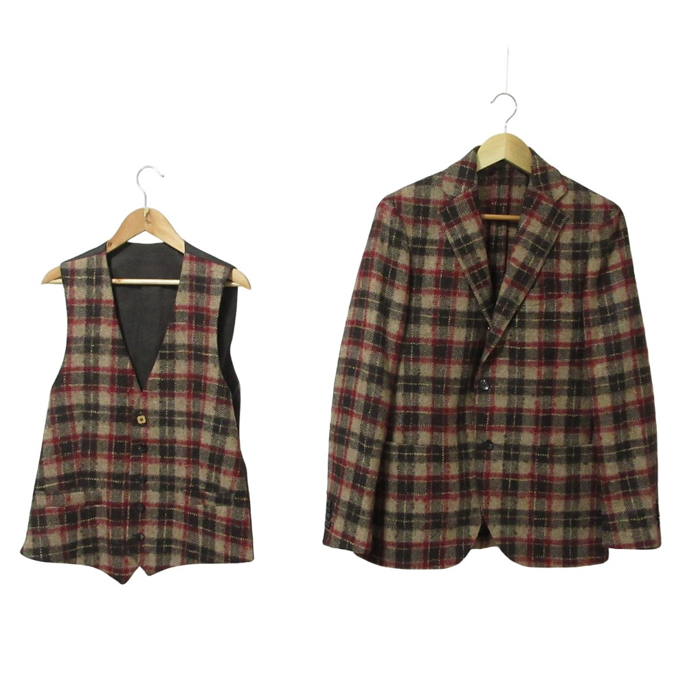 【中古】美品 LARDINI ラルディーニ ウール モヘヤ チェック テーラードジャケット ジレベスト セット 46 ベージュ ボルドー ブラウン メンズ Luxs ブランド古着のリュクス