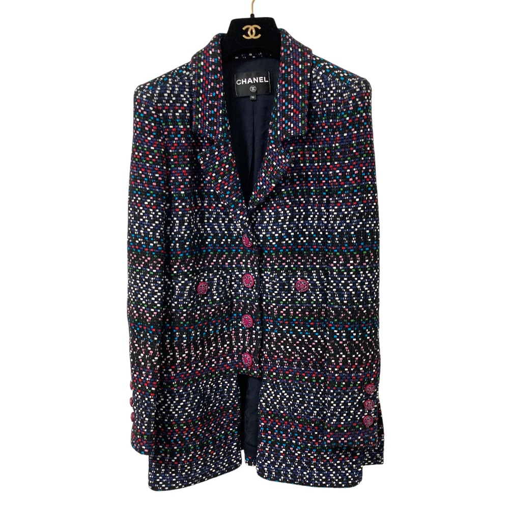 【中古】美品 CHANEL シャネル ココマークボタン マルチツイード ジャケット P55917 サイズ36 ネイビー系マルチカラー レディース Luxs ブランド古着のリュクス|Luxs(ブランド古着のリュクス)