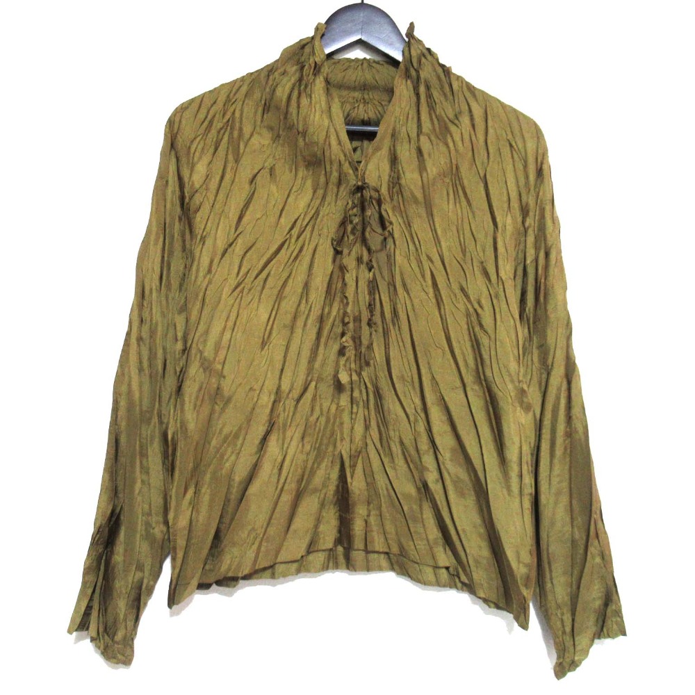 【中古】美品 PLEATS PLEASE ISSEY MIYAKE プリーツプリーズ イッセイミヤケ シワ加工 プルオーバー ブラウス シャツ サイズ3 カーキ系 レディース Luxs ブランド古着のリュクス