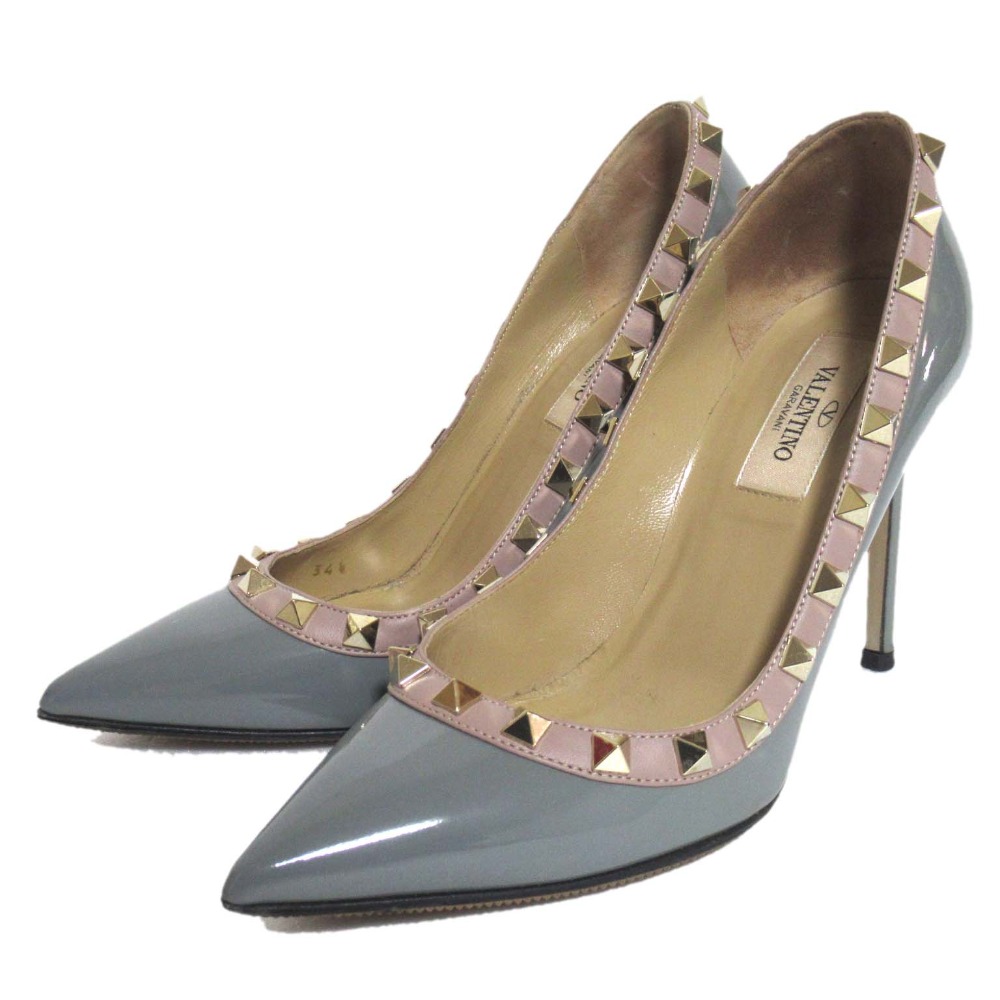 【中古】美品 VALENTINO GARAVANI ヴァレンティノガラヴァーニ ロックスタッズ パテント ポインテッドトゥ パンプス 34.5 約21.5cm グレー レディース Luxs ブランド古着のリュクス