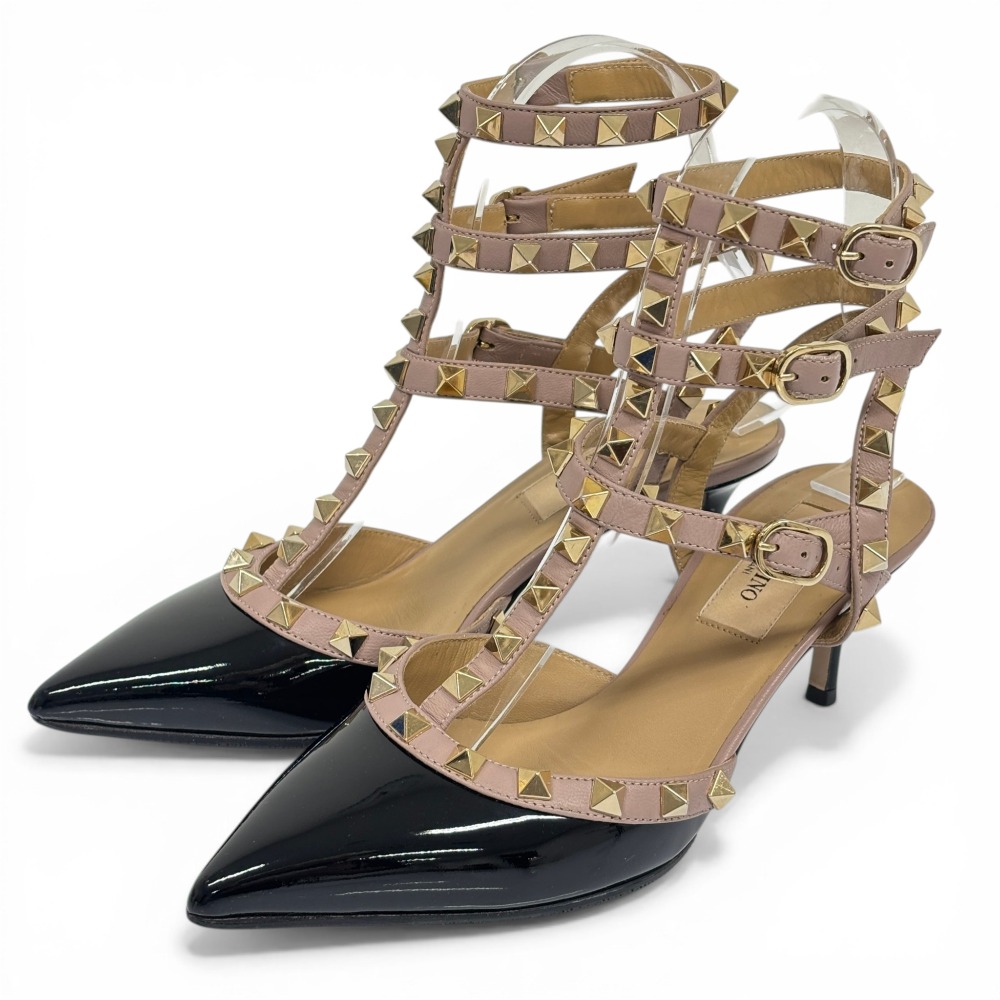 【中古】美品 VALENTINO GARAVANIヴァレンティノガラヴァーニ ロックスタッズ ストラップ ヒールパンプス 34.5 21.5cm相当 ブラック レディース Luxs ブランド古着のリュクス｜Luxs（ブランド古着のリュクス）
