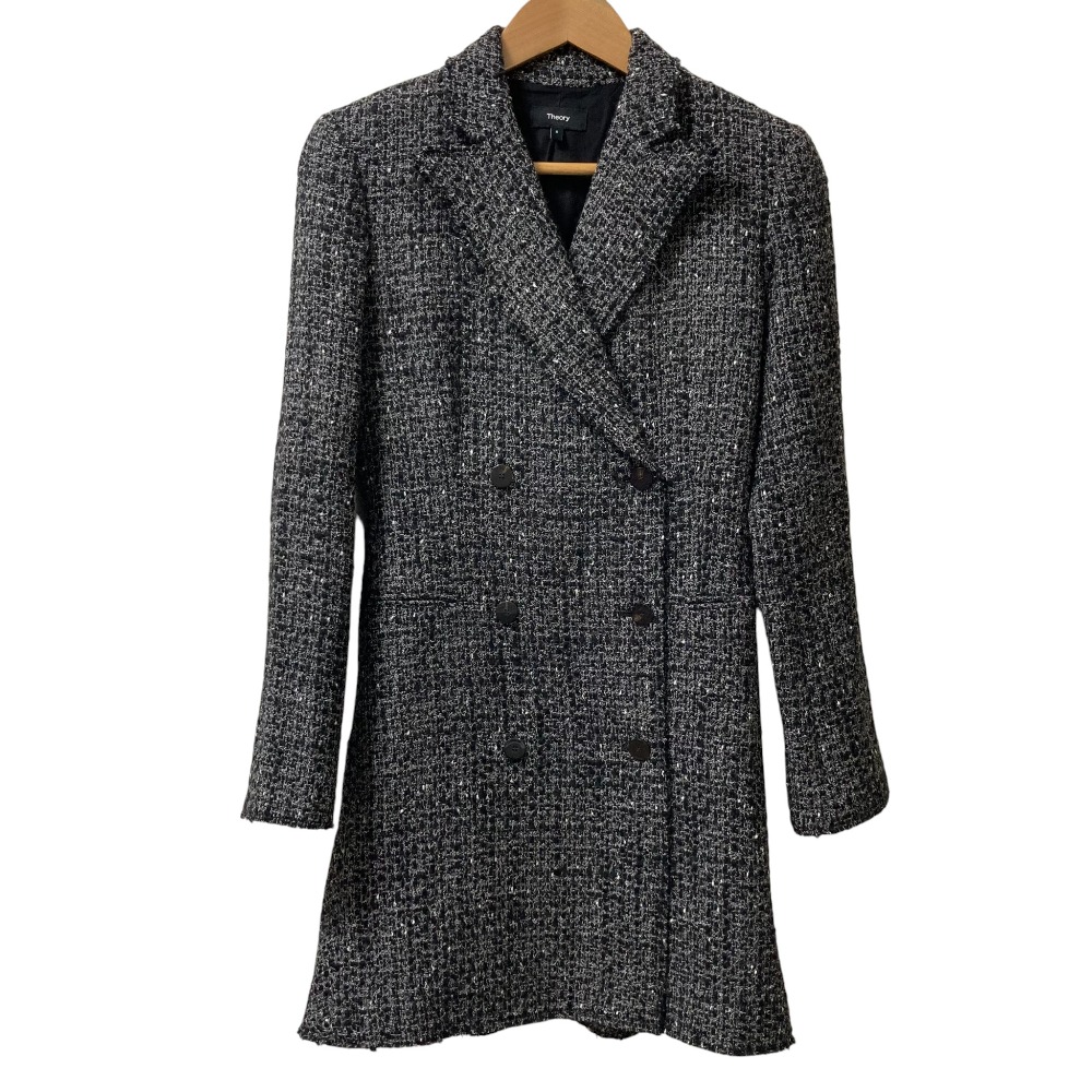 【中古】美品 theory セオリー NOELLE TWEED DB BLAZER DR ダブルブレスト ツイード ジャケット コート サイズ0 ブラック&times;ホワイト レディース Luxs ブランド古着のリュクス｜Luxs（ブランド古着のリュクス）