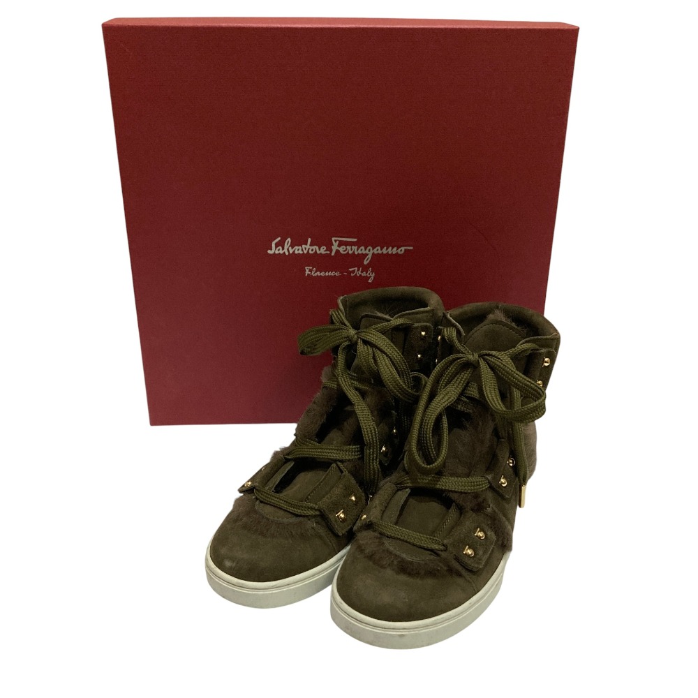 【中古】良品 Salvatore Ferragamo サルヴァトーレフェラガモ SOLDA 1cm ムートンスニーカー サイズ4.5 22cm相当 カーキ レディース Luxs ブランド古着のリュクス