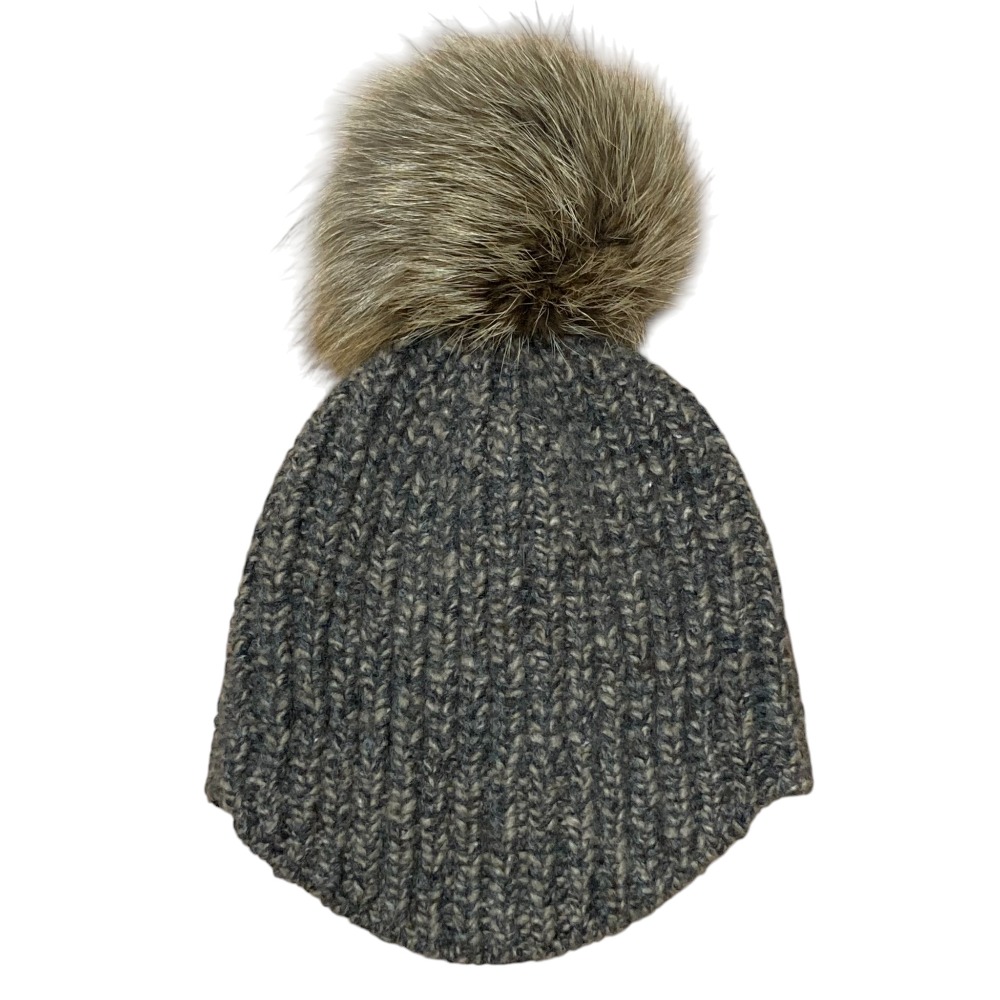 【中古】未使用 BRUNELLO CUCINELLI ブルネロクチネリ フォックスファー付き カシミヤ ポンポン ニットキャップ 帽子 サイズM グレー×ブラウン レディース Luxs ブランド古着のリュクス