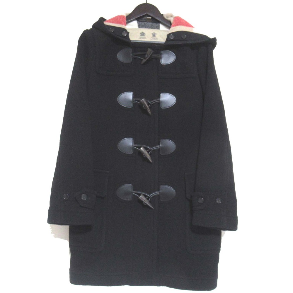 【中古】良品 BURBERRY バーバリー THE MERSEY 裏地チェック柄 フーディー メルトン ダッフルコート IT40 ブラック レディース Luxs ブランド古着のリュクス|Luxs(ブランド古着のリュクス)