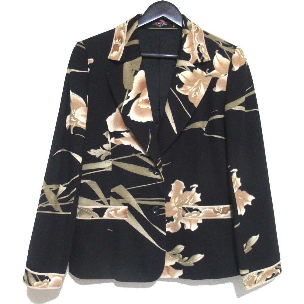 【中古】美品 LEONARD FASHION レオナールファッション フラワープリント シングル テーラードジャケット Lサイズ ブラック レディース Luxs ブランド古着のリュクス