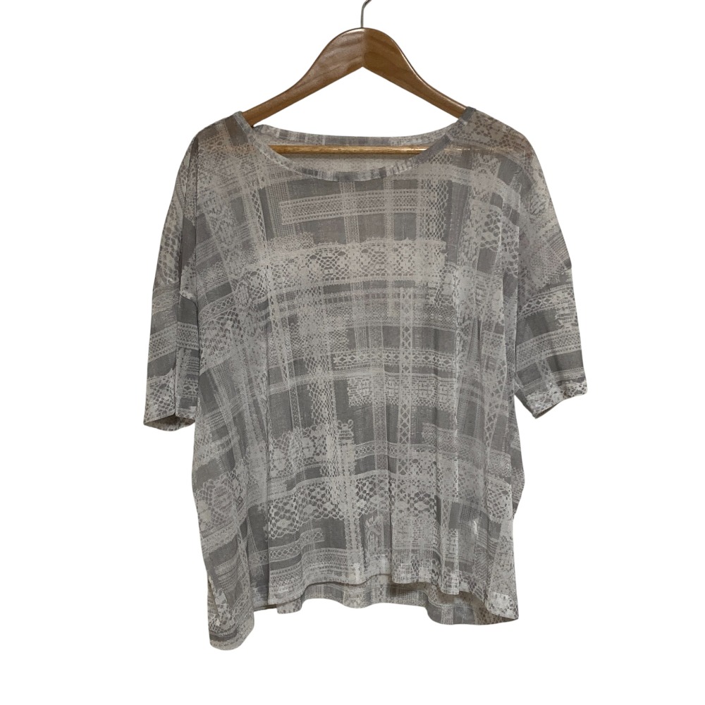 【中古】美品 Y's ワイズ ヨウジヤマモト TULLE LACE PRINT LOOSE ROUND NECK T 半袖 Tシャツ カットソー YD-T15-966 サイズ2 ライトグレー レディース Luxs ブランド古着のリュクス