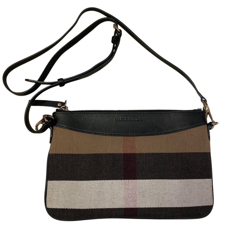 【中古】良品 BURBERRY バーバリー キャンバス×レザー ノバチェック フラットショルダーバッグ ブラック ブラウン レディース Luxs ブランド古着のリュクス