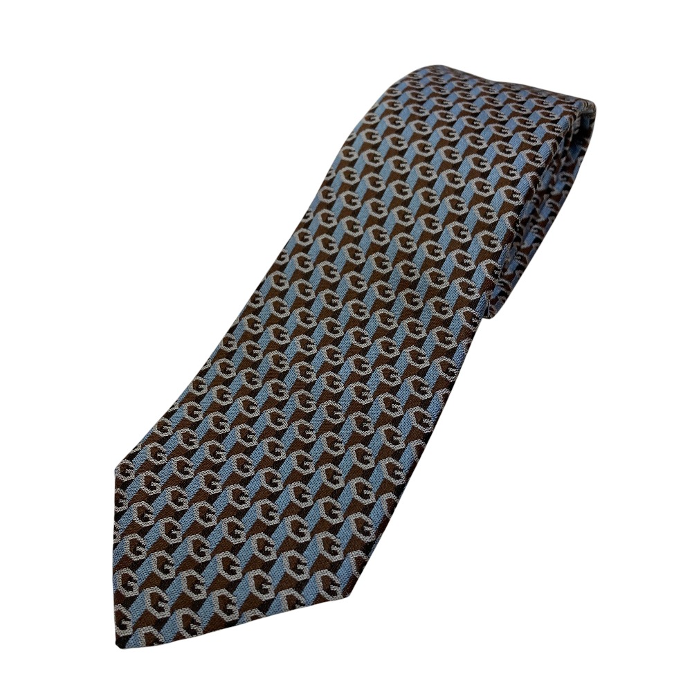 【中古】美品 24AW GUCCI グッチ Gロゴジャガード シルク ネクタイ 796414 ブラウン×グレー系 メンズ Luxs ブランド古着のリュクス