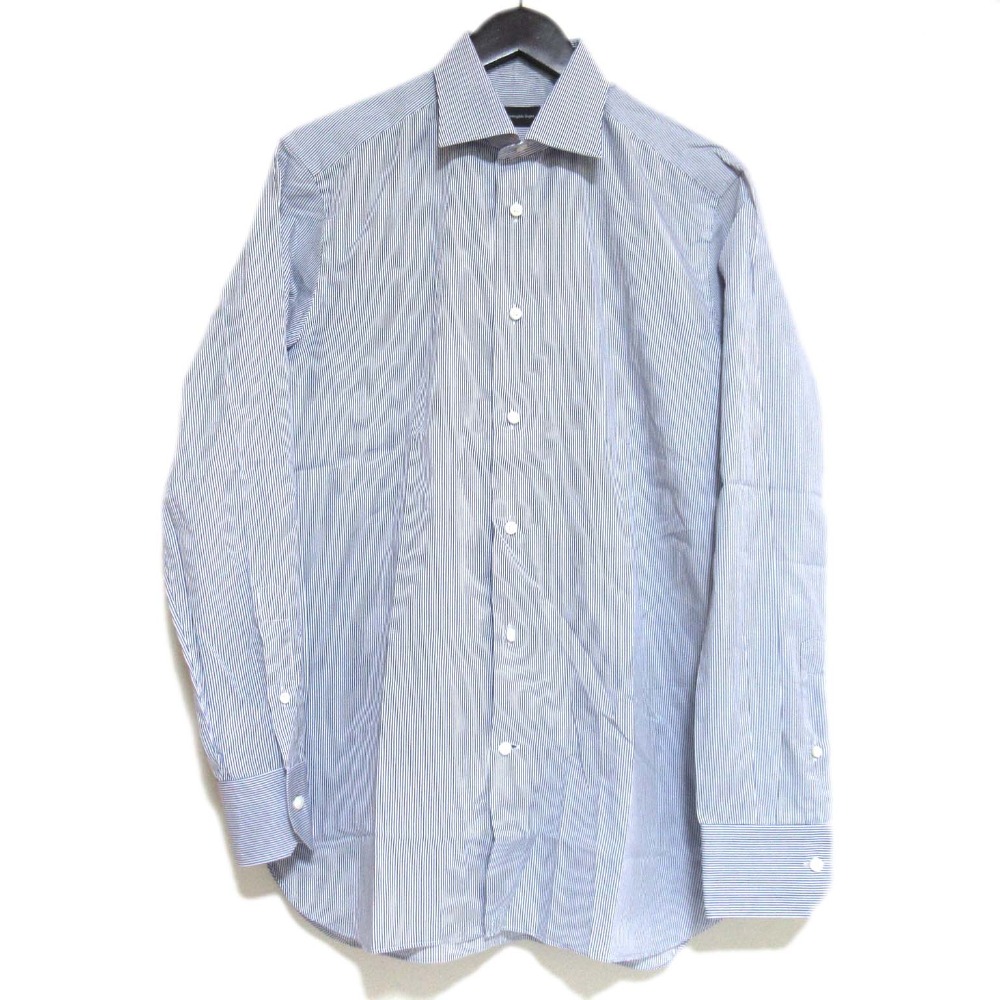 【中古】美品 Ermenegildo Zegna エルメネジルドゼニア ストライプ柄 ホリゾンタルカラー ドレスシャツ Mサイズ ブルー×ブラック×ホワイト メンズ Luxs ブランド古着のリュクス