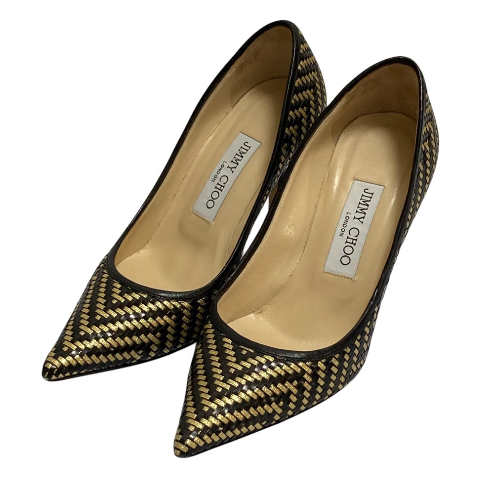 【中古】美品 JIMMY CHOO ジミーチュウ イントレチャートレザー ポインテッドトゥ パンプス サイズ36 約23cm ブラック×ゴールドカラー レディース Luxs ブランド古着のリュクス