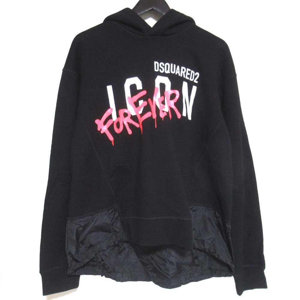 【中古】美品 DSQUARED2 ディースクエアード ICON FOREVER Hoodie ドッキング プルオーバースウェットパーカー サイズL ブラック メンズ Luxs ブランド古着のリュクス