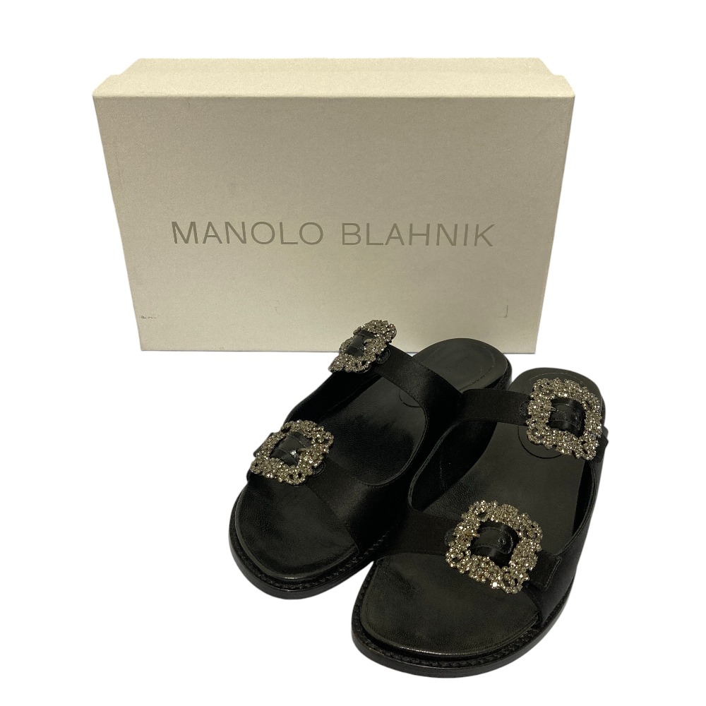 【中古】良品 MANOLO BLAHNIK マノロブラニク STURLUSHANGI ハンギシ サテン フラットサンダル サイズ38 25cm相当 ブラック レディース Luxs ブランド古着のリュクス