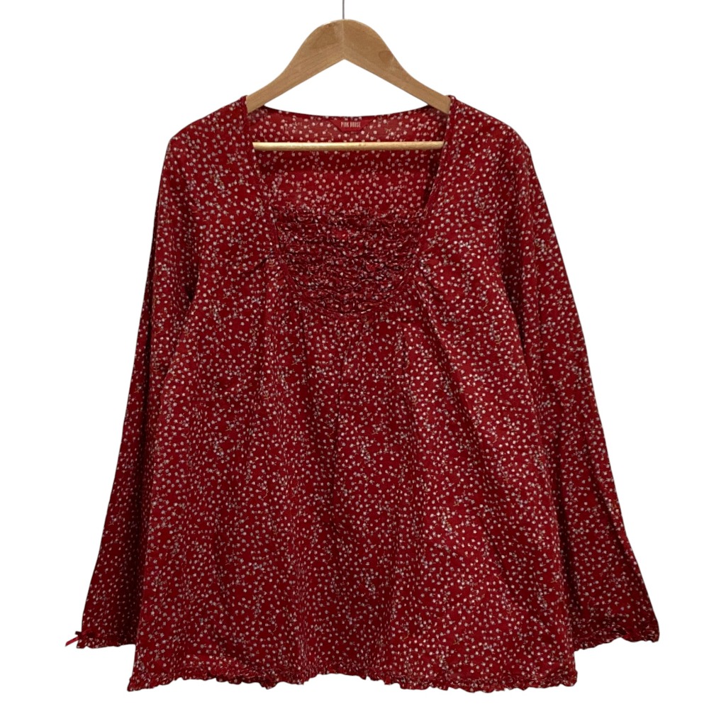 【中古】美品 PINK HOUSE ピンクハウス フラワープリント フリル ロングスリーブ ブラウス レッド レディース Luxs ブランド古着のリュクス